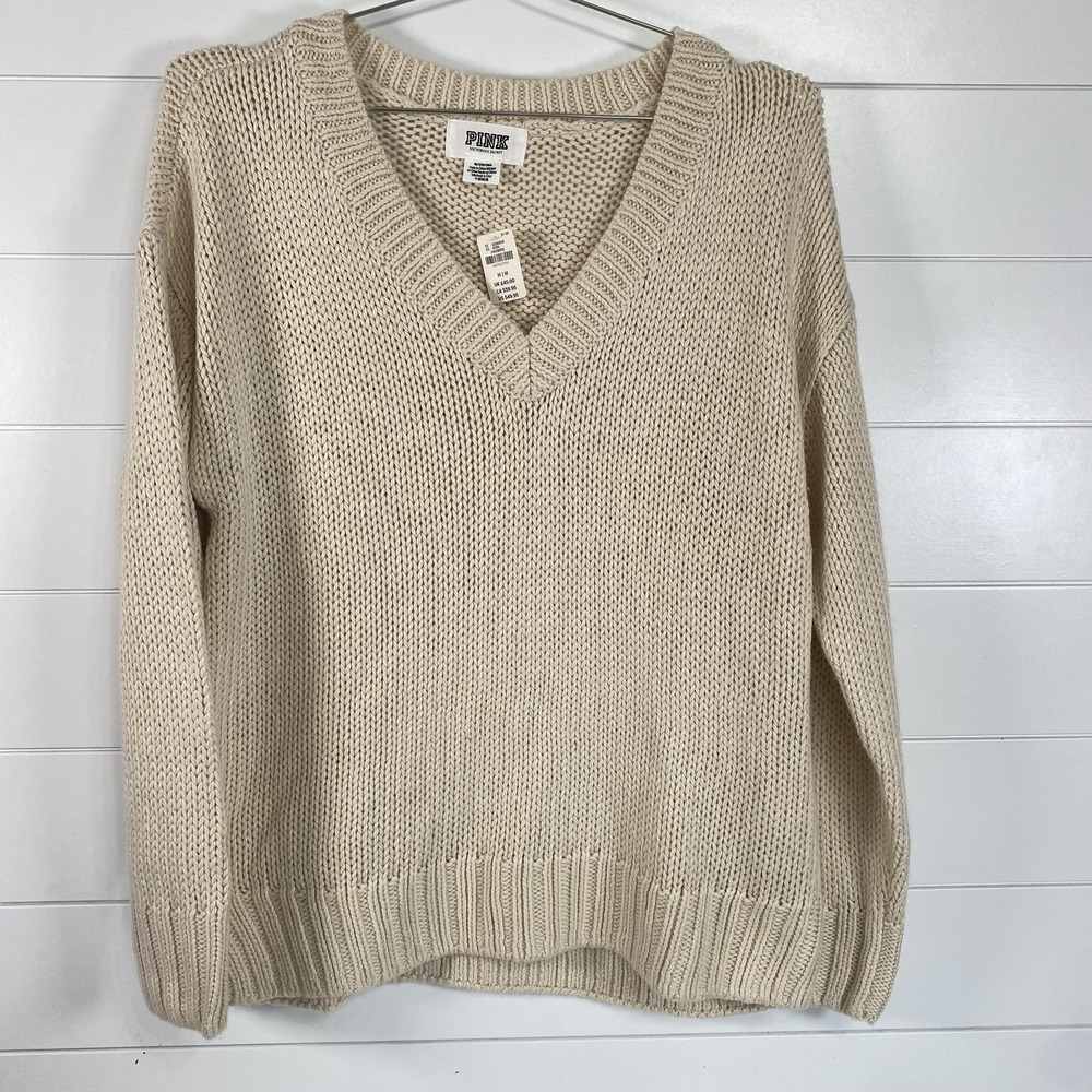 PINK Victoria's Secret Sweater Womens Medium Cream V Neck Chunky Knit Pullover